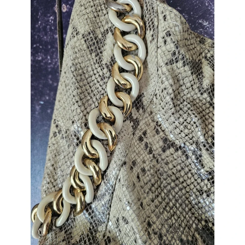 Michael Kors Snakeskin Embossed Leather Hobo Bag Gold Chain Link Beige Brown